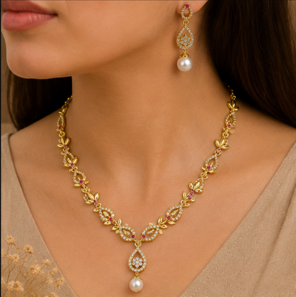 Royal Ruby Leaf Pearl Necklace Set
