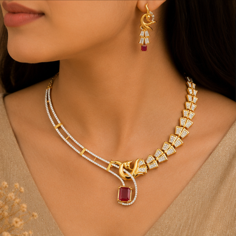 Royal Ruby Geometric Statement Necklace Set