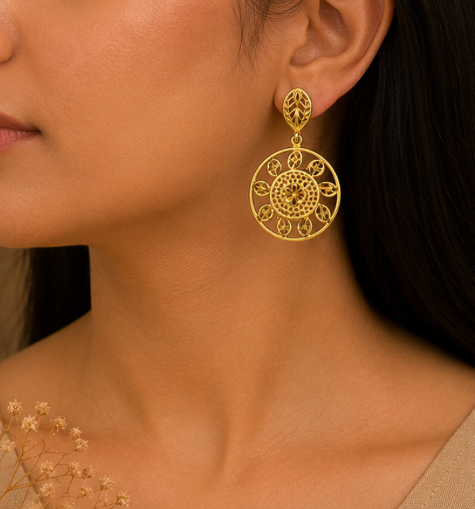 Royal Gold Floral Filigree Round Drop Earrings