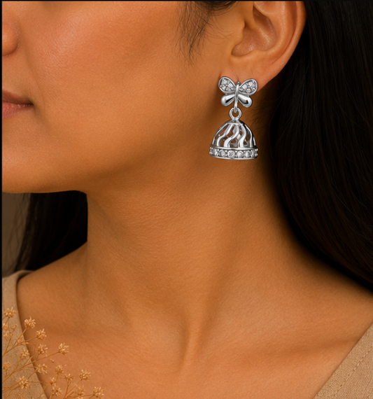 Elegant Silver Butterfly Jhumka Drop Earrings