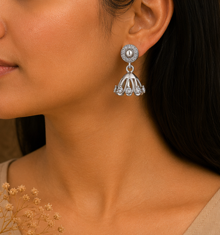 Elegant Silver Crystal Dome Jhumka Drop Earrings