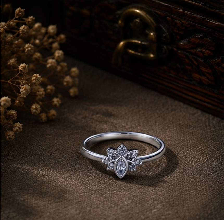 925 Sterling Silver Floral Rhodium Plated Ring