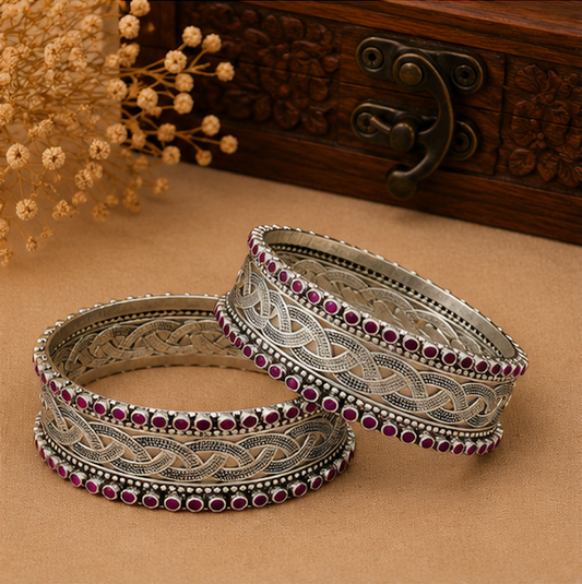 Royal Ruby Braided Oxidized Silver Bangles