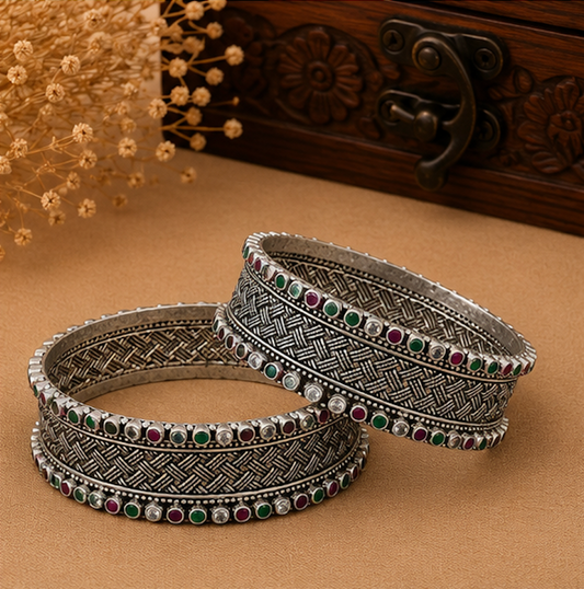 Heritage Woven Tricolor Stone Oxidized Silver Bangles