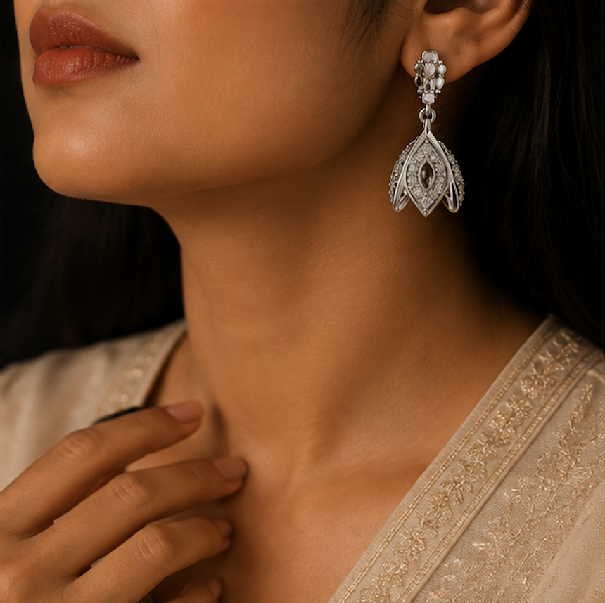925 Sterling Silver Sparkling Marquise Drop Jhumki Earrings