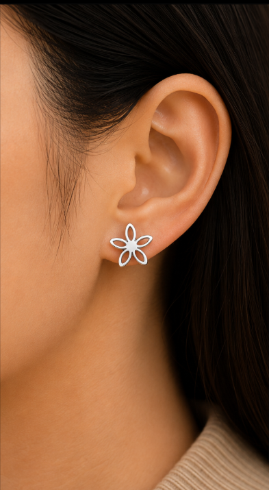 Elegant Five-Petal Flower Silver Stud Earrings