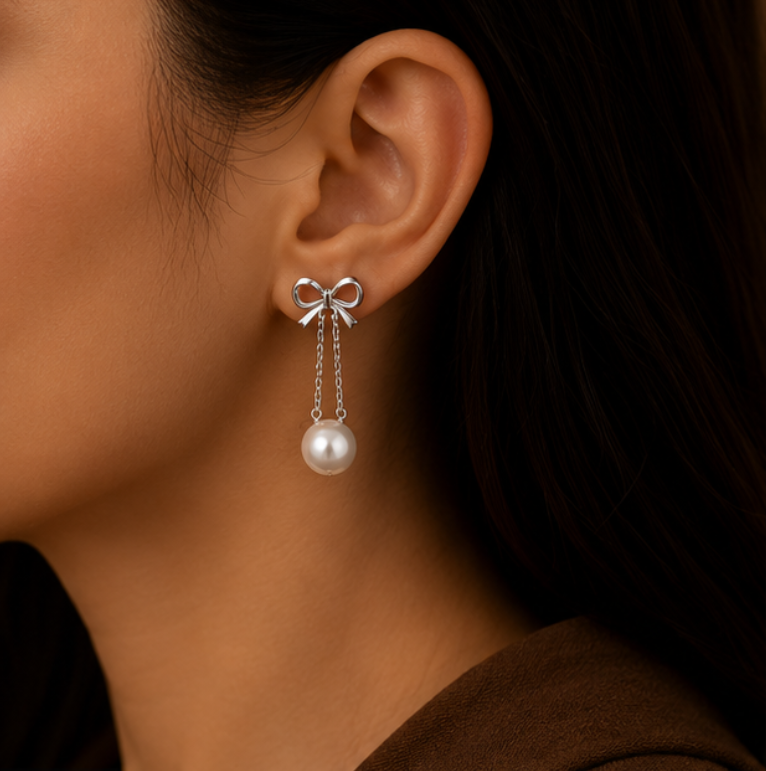 Rosé Bow Pearl Drop Earrings