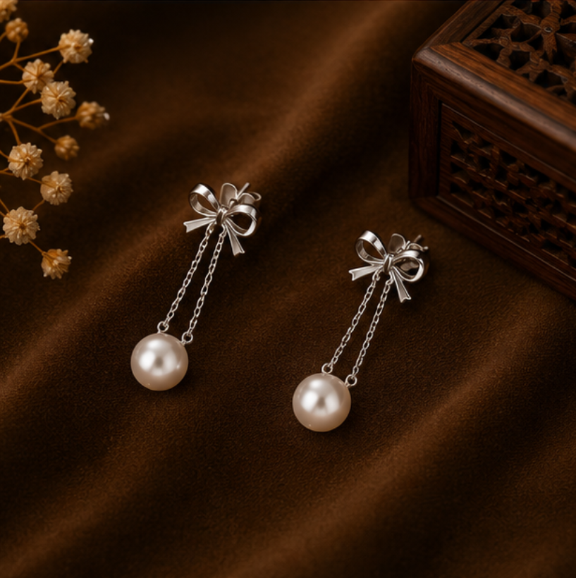 Rosé Bow Pearl Drop Earrings