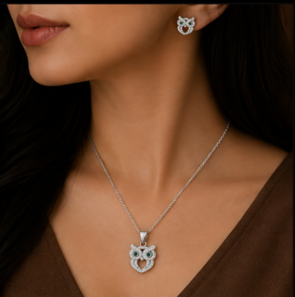 Emerald Owl Silver Pendant & Earrings Set