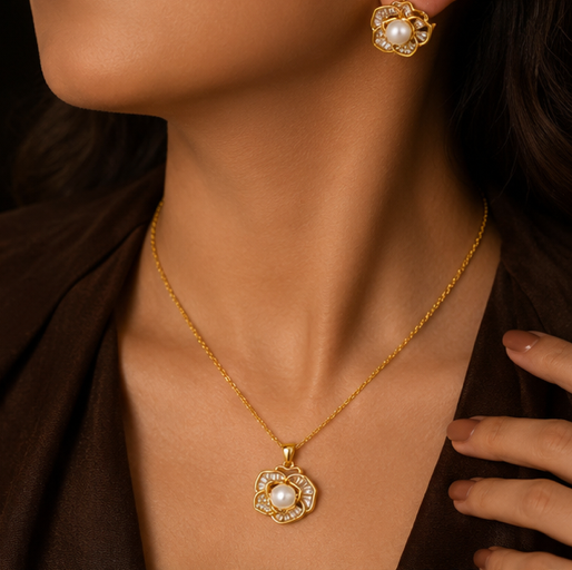 Golden Pearl Floral Jewellery Set