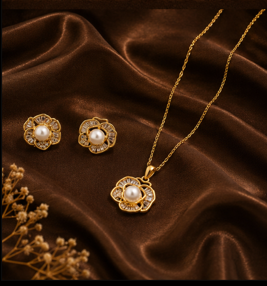 Golden Pearl Floral Jewellery Set