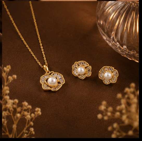 Golden Pearl Floral Jewellery Set