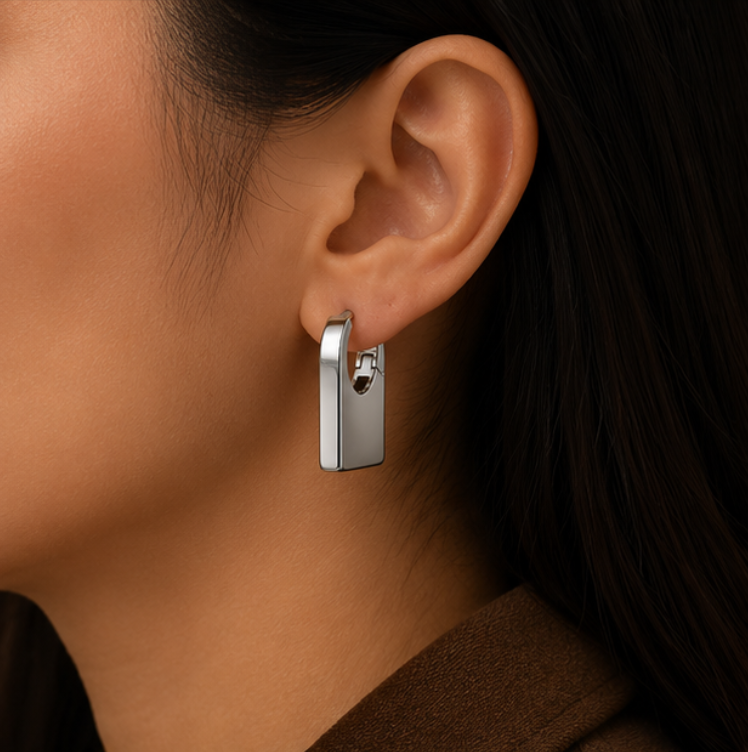 Modern Silver Rectangle Hoop Earrings