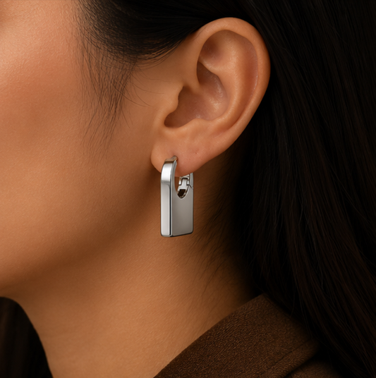 Modern Silver Rectangle Hoop Earrings