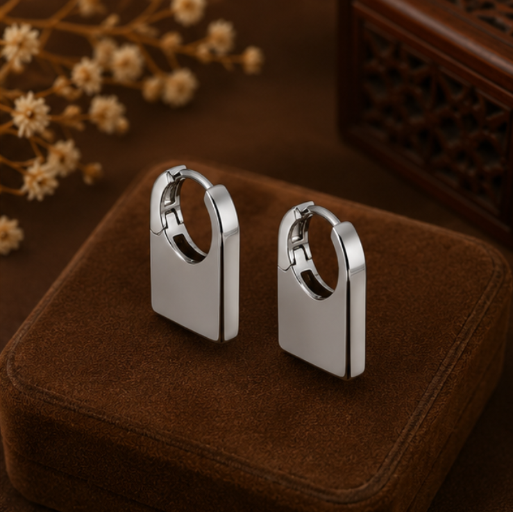 Modern Silver Rectangle Hoop Earrings