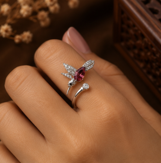 Ruby Hummingbird Crystal Open Ring