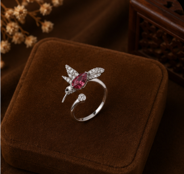 Ruby Hummingbird Crystal Open Ring