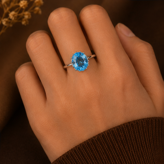 Ocean Blue Oval Solitaire Ring