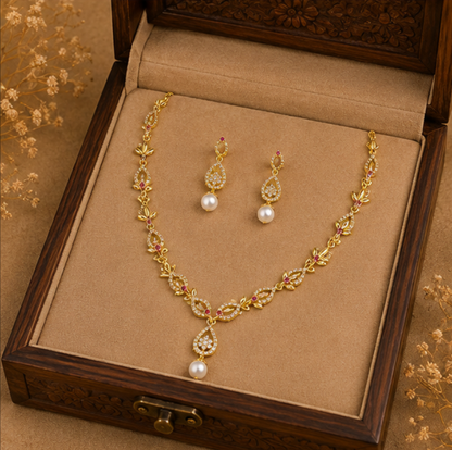 Royal Ruby Leaf Pearl Necklace Set