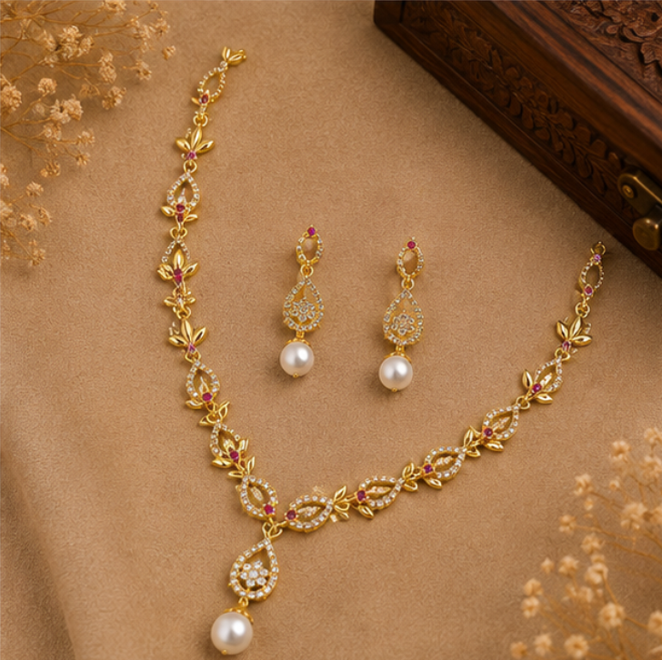 Royal Ruby Leaf Pearl Necklace Set