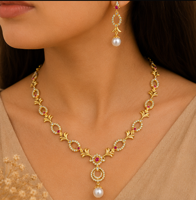 Royal Ruby Halo Pearl Necklace Set