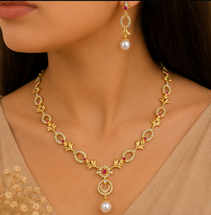 Royal Ruby Halo Pearl Necklace Set