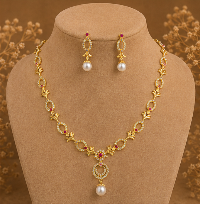 Royal Ruby Halo Pearl Necklace Set
