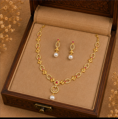 Royal Ruby Halo Pearl Necklace Set