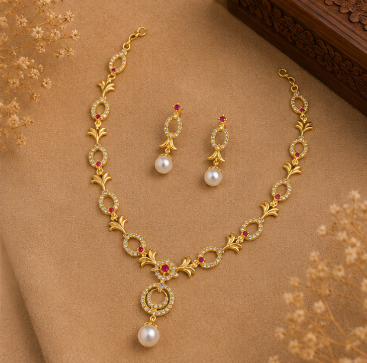 Royal Ruby Halo Pearl Necklace Set
