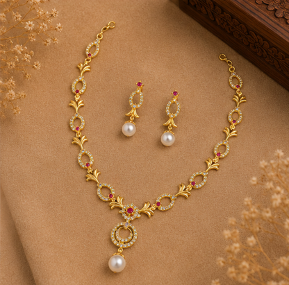 Royal Ruby Halo Pearl Necklace Set