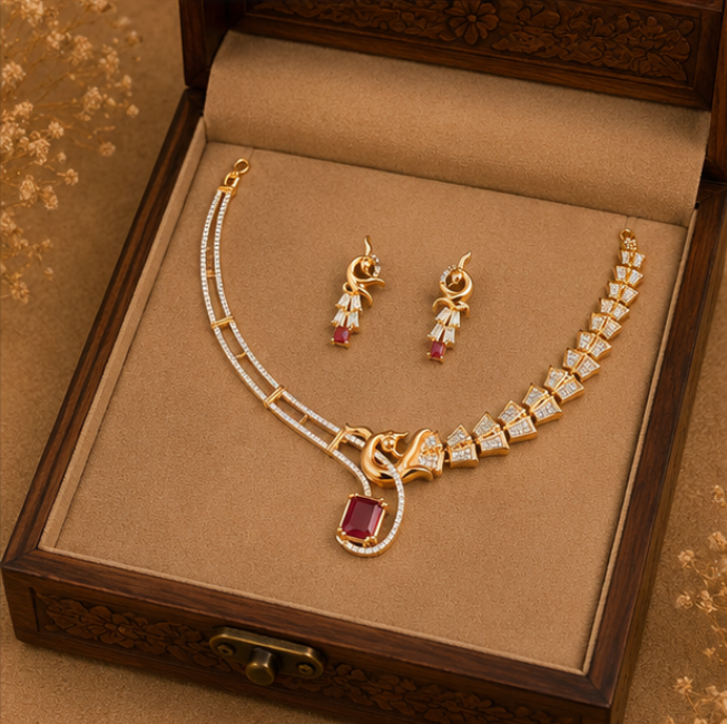 Royal Ruby Geometric Statement Necklace Set