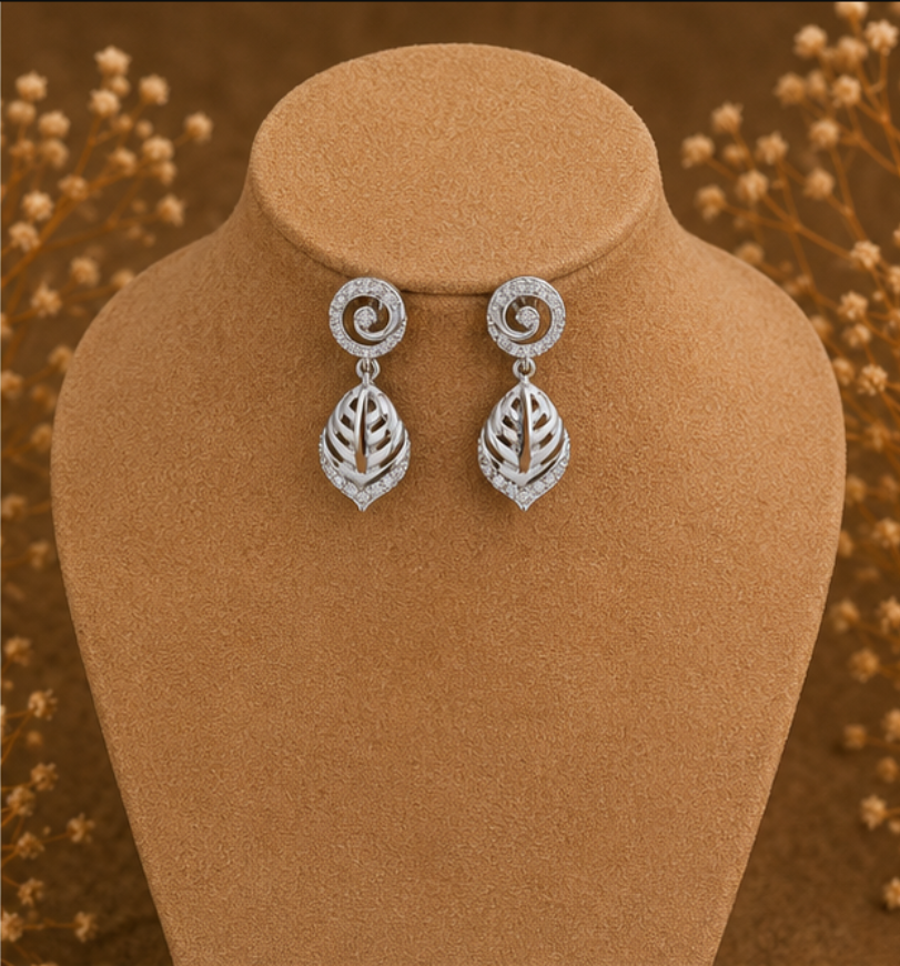 Elegant Silver Spiral Leaf Drop Earrings