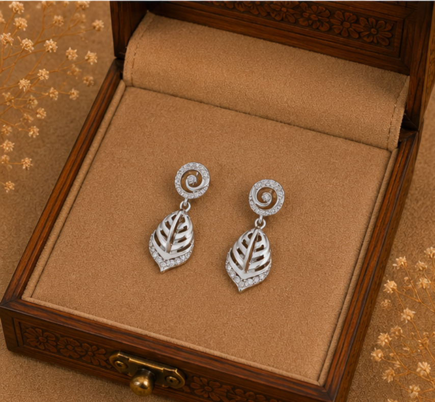Elegant Silver Spiral Leaf Drop Earrings