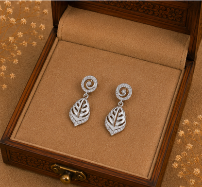 Elegant Silver Spiral Leaf Drop Earrings