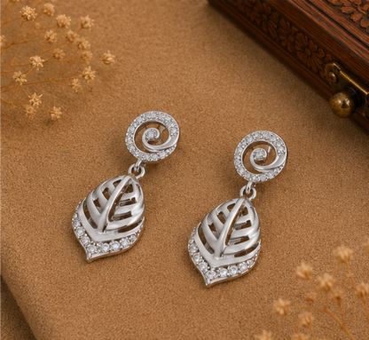 Elegant Silver Spiral Leaf Drop Earrings