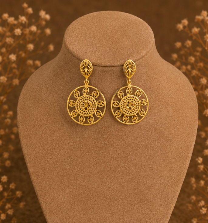 Royal Gold Floral Filigree Round Drop Earrings