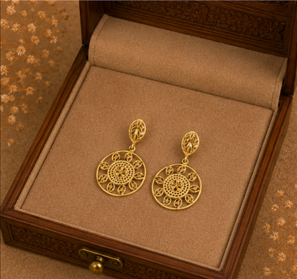 Royal Gold Floral Filigree Round Drop Earrings
