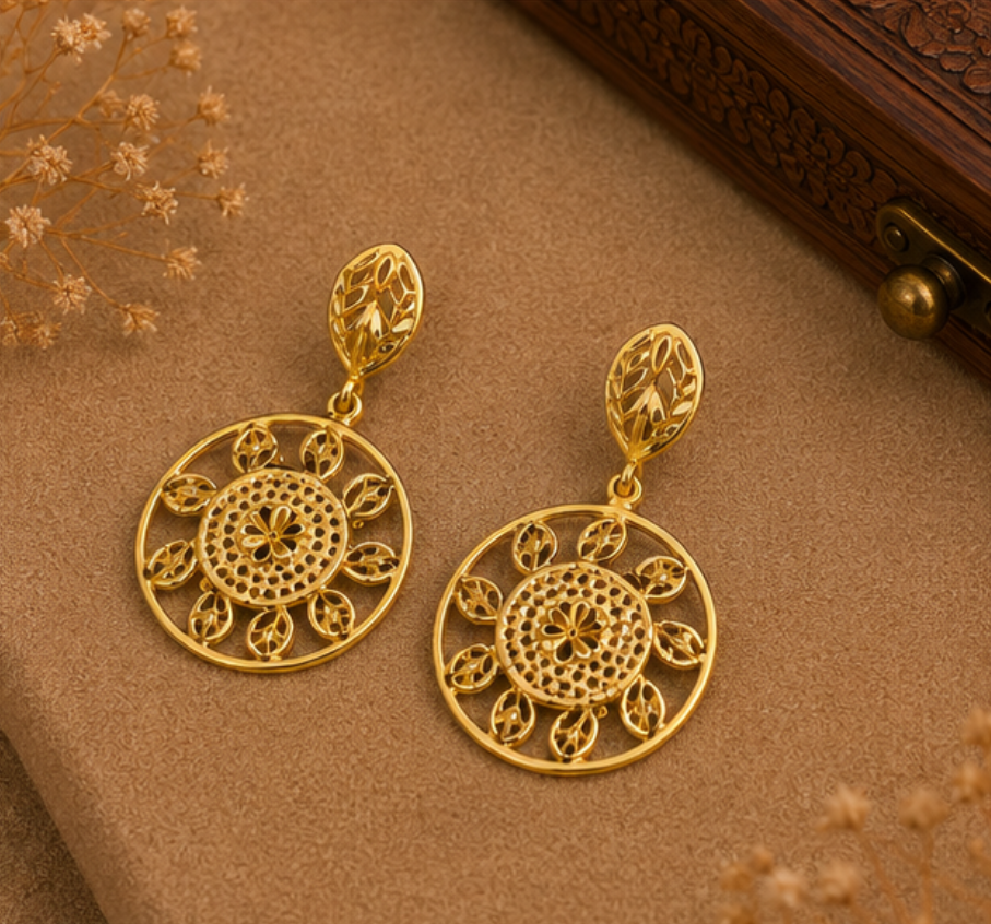 Royal Gold Floral Filigree Round Drop Earrings