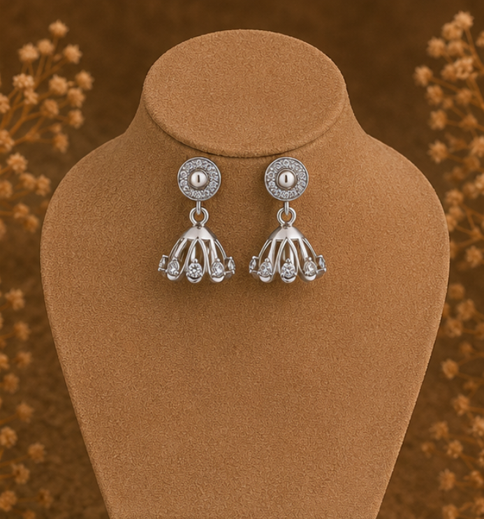 Elegant Silver Crystal Dome Jhumka Drop Earrings