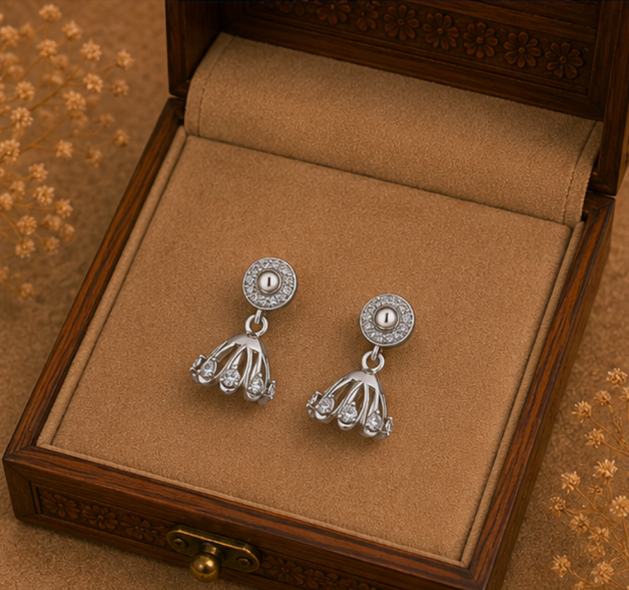 Elegant Silver Crystal Dome Jhumka Drop Earrings