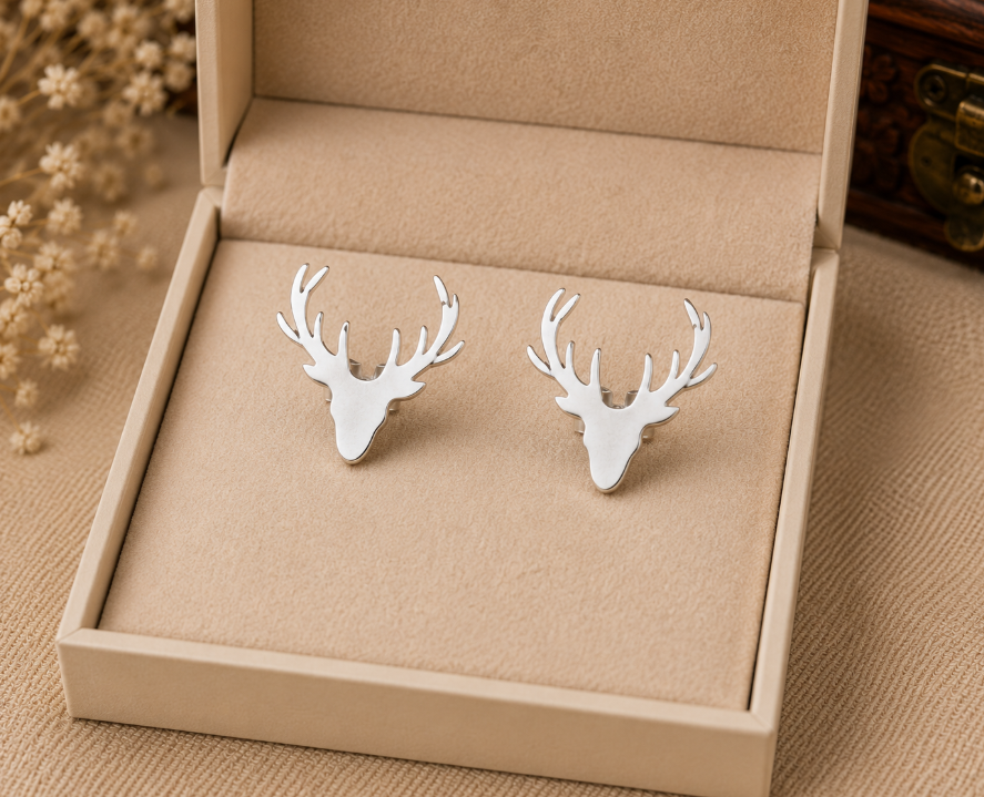 Elegant Silver Deer Antler Stud Earrings