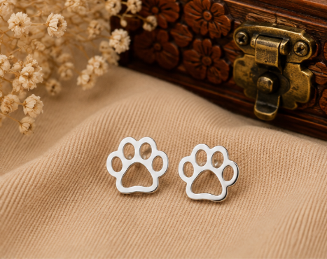 Minimal Silver Paw Print Stud Earrings