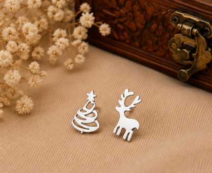Silver Reindeer & Christmas Tree Stud Earrings – Festive Minimalist Pair