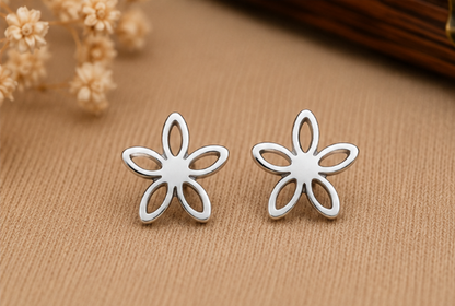 Elegant Five-Petal Flower Silver Stud Earrings