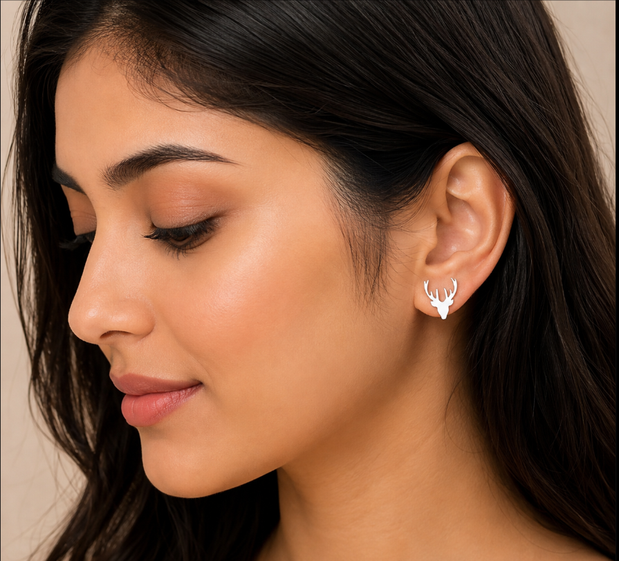 Elegant Silver Deer Antler Stud Earrings