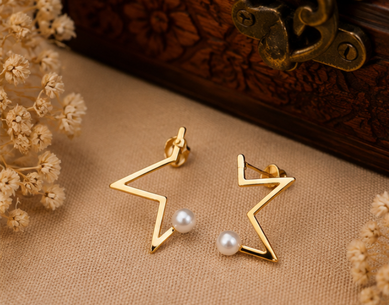 Golden Geometric Pearl Star Earrings