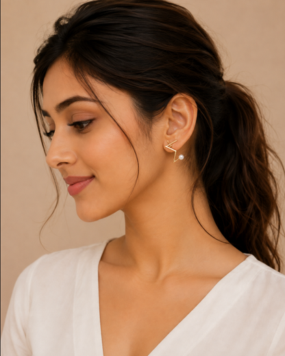 Golden Geometric Pearl Star Earrings