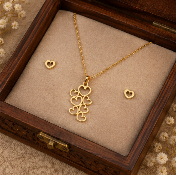 Golden Heart Cascade Necklace & Earrings Set