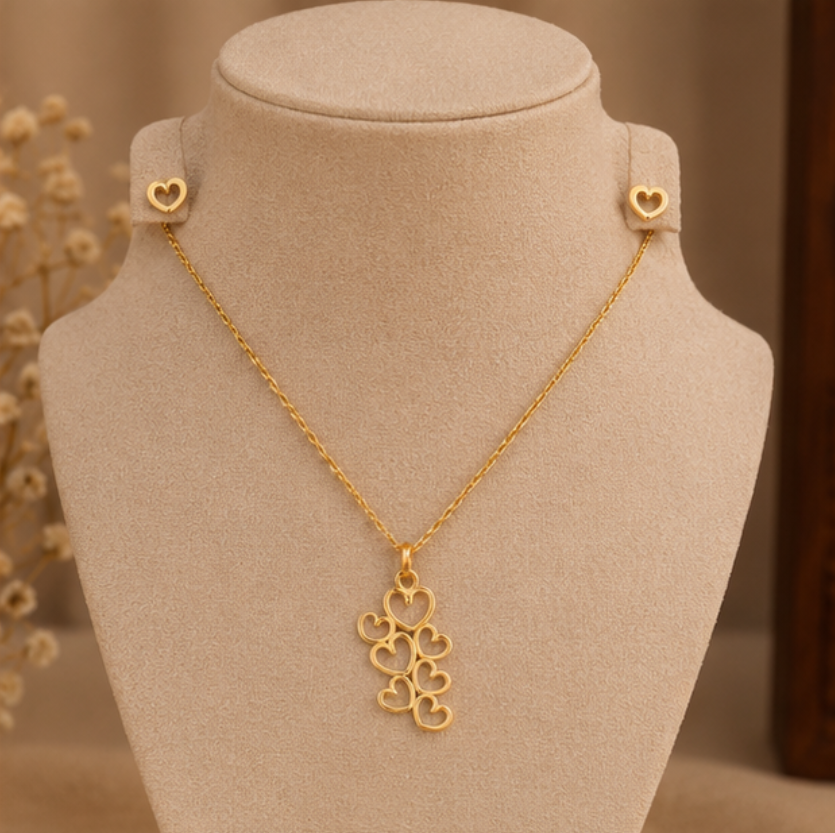 Golden Heart Cascade Necklace & Earrings Set