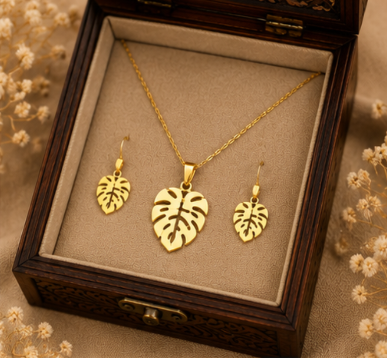 Golden Leaf Harmony Necklace & Earring Set